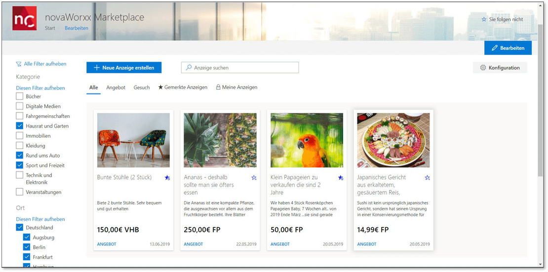 Screenshot Angebote suchen und filtern im Marketplace