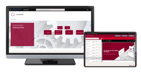 Screenshot novaGuide Management-System auf einem Computerbildschirm und Tablet