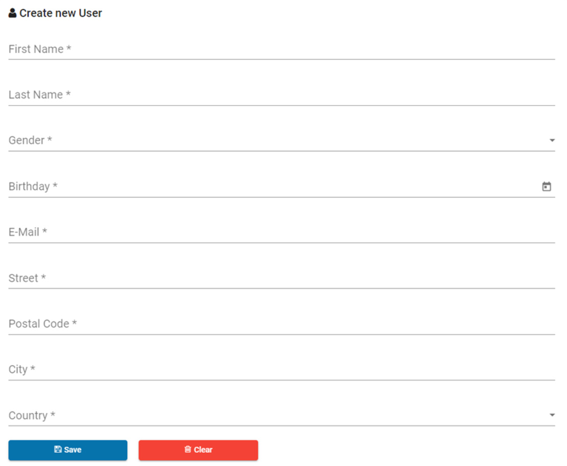 Screenshot Eingabeformular mit Angular Material - Create new user
