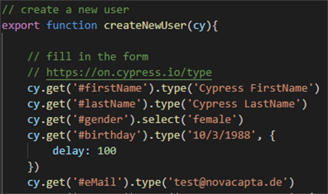 Schreiben eines Cypress-Tests: Screenshot Funktion createNewUser(cy)
