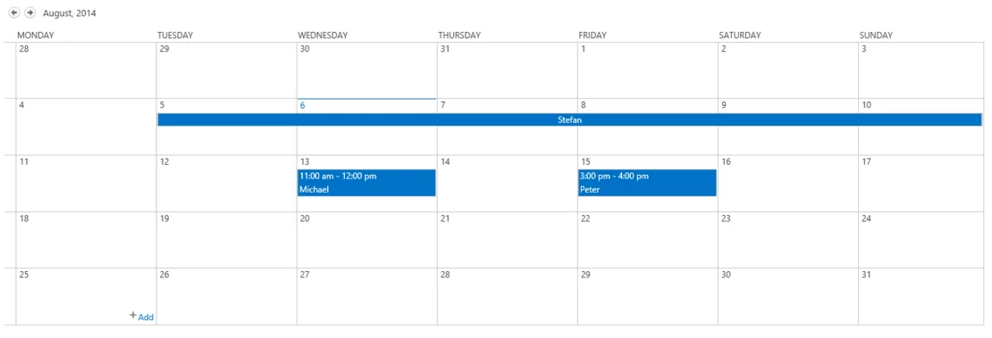 Screenshot SharePoint Kalender Ansicht mit drei Terminen