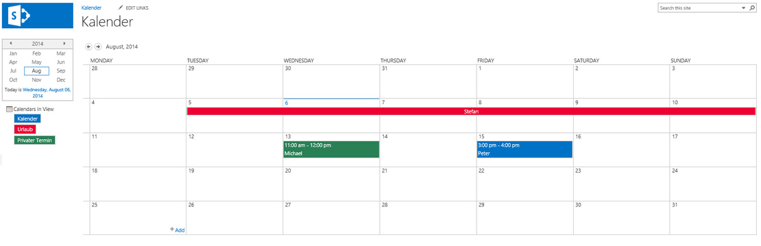 Screenshot SharePoint Kalender: Beispiel fertig konfigurierte Einstellungen