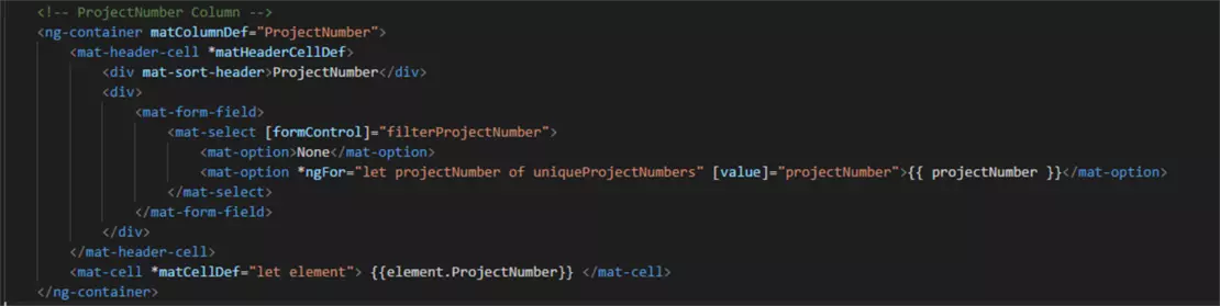 Screenshot von einem HTML-Code als Beispiel für ProjectNumber Spalte