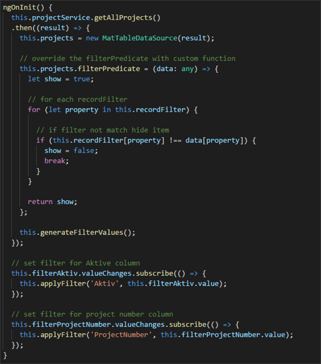  Screenshot Code ngOnInit-Methode MatTableDataSource mit Methode filterPredicate 